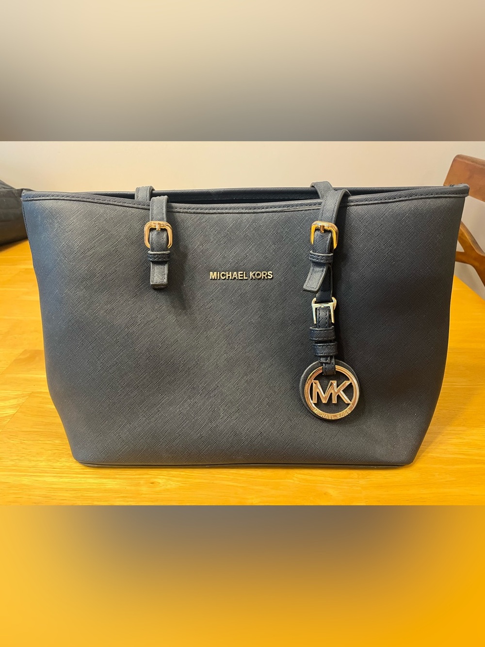 Michael Kors Navy Saffiano Tote with Gold MK Charm